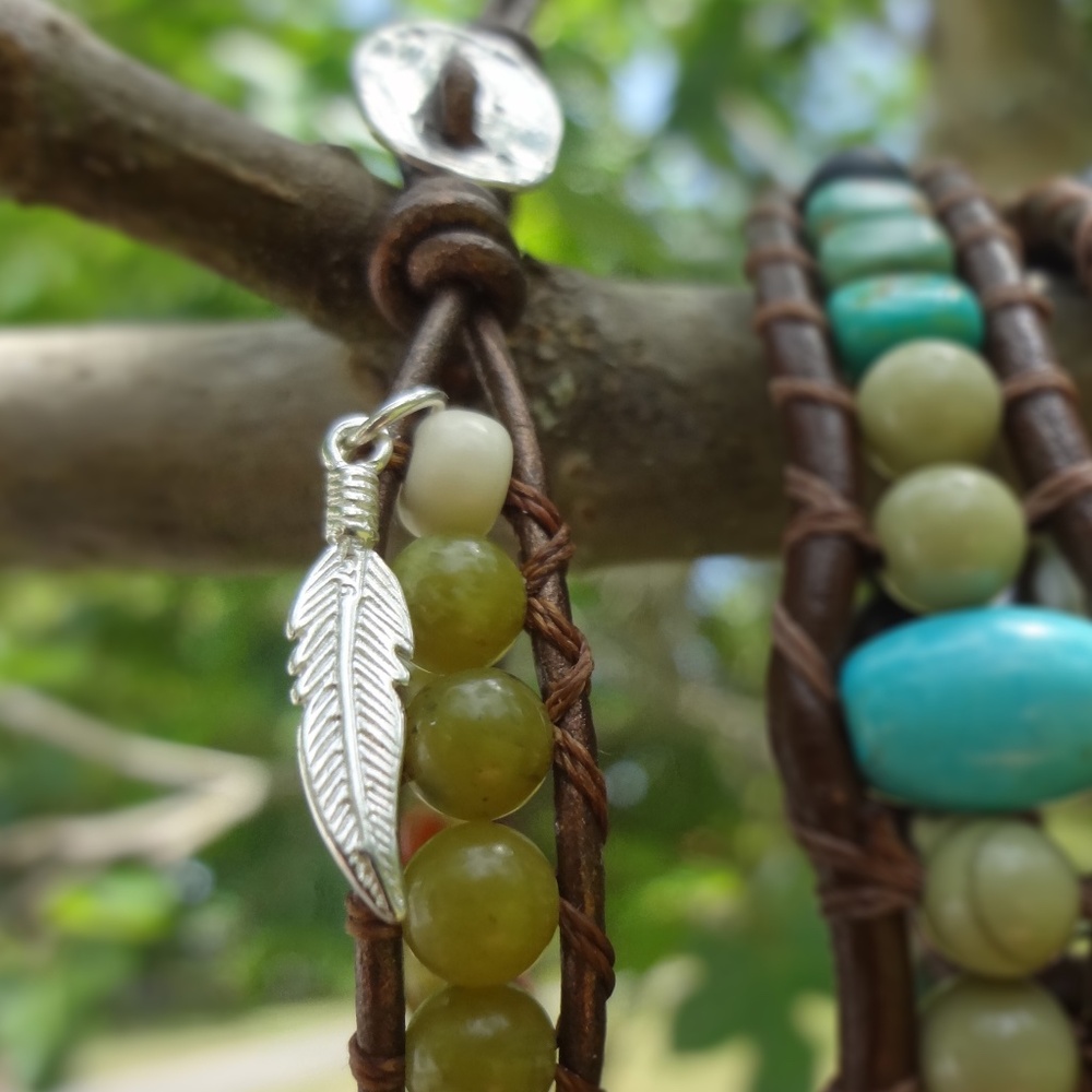 Olive Jade - Bronze Leather Wrap Bracelet